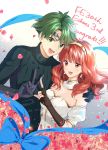  1boy 1girl alm_(fire_emblem) anniversary black_gloves bow breasts celica_(fire_emblem) cleavage detached_collar earrings fingerless_gloves fire_emblem fire_emblem_echoes:_shadows_of_valentia flower gloves green_eyes green_hair hairband highres jewelry long_hair misu_kasumi open_mouth petals red_eyes red_hair short_hair turtleneck upper_body 
