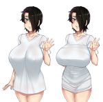  1girl aqua_eyes arm_behind_back black_hair breasts collarbone commentary covered_nipples cowboy_shot english_commentary grin hair_over_one_eye hand_up huge_breasts looking_at_viewer multiple_views no_pants original pajamas_challenge saya_(twrlare) shirt short_hair short_sleeves simple_background smile t-shirt taut_clothes taut_shirt twrlare w white_background white_shirt 