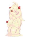  2019 absurd_res alcremie bodily_fluids breasts female flying_sweatdrops food food_creature hand_on_breast hi_res humanoid menma911 nintendo not_furry open_mouth pok&eacute;mon pok&eacute;mon_(species) red_eyes simple_background solo surprise sweat sweatdrop video_games white_background 