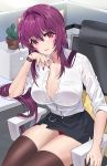  1girl arm_support breasts cactus chin_rest cleavage collarbone damda desk eyebrows_visible_through_hair fate/grand_order fate_(series) hair_intakes large_breasts long_hair miniskirt office panties pantyshot purple_hair red_eyes scathach_(fate)_(all) scathach_(fate/grand_order) sitting skirt solo thighhighs unbuttoned underwear 