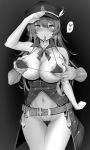  1girl bangs bare_shoulders belt bikini blush breast_grab breasts cleavage collarbone condom covered_nipples disembodied_hands grabbing granblue_fantasy greyscale grin hat hat_feather highres isawo_(lucanus19) large_breasts lecia_(granblue_fantasy) long_hair looking_at_viewer micro_bikini monochrome mouth_hold navel peaked_cap pubic_hair pubic_hair_peek salute smile swimsuit thighs used_condom vest 