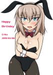  1girl alternate_costume animal_ears bangs black_legwear black_leotard blue_eyes blush bow bowtie breasts bunny_ears bunnysuit character_name cleavage collar commentary covering covering_breasts cowboy_shot dated detached_collar english_text eyebrows_visible_through_hair fake_animal_ears frown girls_und_panzer happy_birthday itsumi_erika izumi_(izumi_p) large_breasts leotard looking_at_viewer medium_hair open_mouth pantyhose red_neckwear silver_hair solo standing strapless strapless_leotard sweatdrop white_collar wing_collar wrist_cuffs 