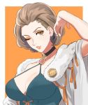  1girl adz_lrp arm_up breasts brown_eyes brown_hair choker cleavage collarbone fire_emblem fire_emblem:_three_houses hair_slicked_back hand_in_hair large_breasts lips lipstick looking_at_viewer makeup manuela_casagranda mascara mature mole mole_under_eye one_eye_closed orange_lipstick parted_lips puckered_lips short_hair simple_background smile solo upper_body 