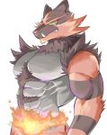  abs anthro biceps black_body black_fur chung0_0 clenched_teeth fire fur green_eyes half-length_portrait incineroar looking_at_viewer male nintendo pok&eacute;mon pok&eacute;mon_(species) portrait red_body red_fur red_nose sharp_teeth simple_background solo teeth video_games white_background 