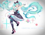  1girl 2016 aqua_eyes aqua_hair aqua_neckwear armpits ayan bare_shoulders black_bow black_dress black_legwear bow breasts cable commentary copyright_name cube dress framed_breasts frilled_sleeves frills full_body gloves graphic_equalizer hair_bow hand_up hatsune_miku headphones high_heels highres leg_up long_hair looking_at_viewer magical_mirai_(vocaloid) medium_breasts necktie one_eye_closed open_mouth outstretched_arm short_necktie smile solo symbol_commentary thighhighs twintails very_long_hair vignetting vocaloid white_gloves 