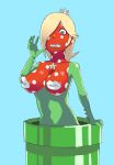  2017 alternate_species blonde_hair blue_background blue_eyes crown elemental_creature female flora_fauna green_body hair hi_res mario_bros menma911 nintendo nipple_mouth not_furry pipe piranha_plant plant rosalina_(mario) sharp_teeth simple_background solo super_mario_galaxy surprise teeth video_games 