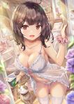  1girl :d animal babydoll bare_shoulders bed bedroom black_hair blurry breasts brown_eyes cat cleavage clock collarbone commentary_request depth_of_field drawer fang flower frills hair_ornament hand_up highres holding lamp large_breasts leaning_forward light_rays lingerie long_hair looking_at_viewer navel open_mouth original panties purple_flower scrunchie see-through smile solo spaghetti_strap stomach sunbeam sunlight table thighhighs thighs torino_akua underwear white_legwear white_panties wrist_scrunchie yogurt 