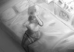  1girl bangs bed blush breasts covering covering_eyes covering_face eyebrows_visible_through_hair greyscale hair_ornament hair_over_one_eye hairclip hamakaze_(kantai_collection) highres huge_breasts indoors jewelry kantai_collection komaki_q monochrome neckerchief nervous_smile on_bed pantyhose ring sailor_collar school_uniform serafuku short_hair short_sleeves sitting sitting_on_bed smile solo table wavy_mouth 