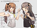  2girls anger_vein black_shirt breast_envy breasts brown_hair bust_measuring chinese_text collared_shirt cropped_torso flat_chest flying_sweatdrops girls_frontline grey_background grey_hair hair_ornament hairclip highres long_hair looking_at_another measuring multiple_girls necktie open_mouth pornhub print_shirt red_eyes scar scar_across_eye shirt short_necktie short_sleeves simple_background t-shirt tape_measure tianliang_duohe_fangdongye translation_request twintails ump45_(girls_frontline) ump9_(girls_frontline) white_shirt yellow_eyes yellow_neckwear 