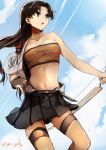  1girl belt black_skirt blue_background blue_sky bow_(weapon) breasts brown_eyes brown_gloves brown_hair cloud cloudy_sky commentary_request floating_hair gloves grey_legwear hair_ribbon holding holding_bow_(weapon) holding_weapon kantai_collection kyouya_(mukuro238) large_breasts long_hair parted_lips partly_fingerless_gloves pleated_skirt ribbon shouhou_(kantai_collection) single_bare_shoulder single_glove skirt sky solo thighhighs tress_ribbon twitter_username weapon 