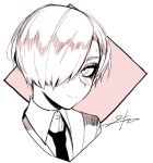  1other androgynous blush collared_shirt commentary hair_over_one_eye j.k. looking_at_viewer monochrome necktie one_eye_covered original pink_theme portrait shirt signature smile solo sweatdrop white_background wing_collar 