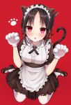  1girl :o absurdres animal_ears apron bangs black_dress black_footwear black_hair blush breasts cat_ears cat_paws cat_tail commentary_request dress eyebrows_visible_through_hair from_above hair_ribbon highres kaguya-sama_wa_kokurasetai_~tensai-tachi_no_renai_zunousen~ kneehighs large_breasts looking_at_viewer maid_apron maid_dress maid_headdress parum39 paw_print paws red_background red_eyes red_ribbon ribbon shinomiya_kaguya shoes short_sleeves simple_background sitting solo tail white_legwear 