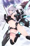  1girl ass_visible_through_thighs bangs bare_shoulders bikini black_bikini black_gloves black_heart black_legwear blue_eyes blush breasts cait choujigen_game_neptune cloud cloudy_sky day elbow_gloves flying gloves glowing hair_between_eyes headgear highres huge_weapon long_hair looking_at_viewer medium_breasts navel neptune_(series) outdoors power_symbol silver_hair sky solo stomach swimsuit symbol-shaped_pupils thigh_strap thighhighs twintails v-shaped_eyebrows very_long_hair w_arms weapon 
