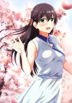  1girl :d absurdres aqua_eyes bare_shoulders black_hair blue_dress cherry_blossoms collared_dress commentary_request dress highres long_hair looking_at_viewer open_mouth original sleeveless sleeveless_dress smile solo tsuyunominaduki 
