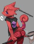  ? animal_crossing anthro blush butt butterfly_net chameleon curled_tail flick_(animal_crossing) goth hi_res kinokoningen lizard looking_at_viewer looking_back male nintendo piercing rear_view red_body red_scales reptile scales scalie solo video_games 
