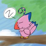  2019 ambiguous_gender avian beak bird biyomon blue_markings claws cloud digimon digimon_(species) eyes_closed feathers feral markings pink_body pink_feathers red_beak red_claws sky sleeping solo sound_effects speech_bubble tail_feathers tree tuft ventimon zzz 