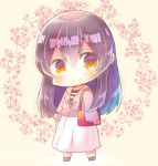  1girl akagi_(kantai_collection) bag bangs black_footwear blush brown_background brown_eyes brown_hair brown_jacket chibi closed_mouth commentary_request eyebrows_visible_through_hair floral_background full_body hair_between_eyes handbag jacket kantai_collection kouu_hiyoyo long_hair long_sleeves looking_at_viewer shirt skirt sleeves_past_wrists smile solo standing striped striped_shirt very_long_hair white_skirt 