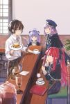  1boy 3girls ainarela animal_ears black_bow black_capelet black_headwear black_skirt book bow brown_eyes capelet cat_ears cat_tail chair coffee coffee_cup coffee_pot cup day disposable_cup egg food glass hat highres houkago_wa_isekai_kissa_de_coffee_wo indoors linaria_(isekai_coffee) long_hair looking_at_viewer medium_hair multiple_girls plant potted_plant purple_hair red_hair sandwich shirt sidelocks sitting skirt standing sugar_bowl tail white_shirt window yu_(isekai_coffee) 