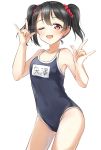  1girl \m/ black_hair blue_swimsuit collarbone competition_school_swimsuit cowboy_shot double_\m/ flat_chest highres long_hair looking_at_viewer love_live! love_live!_school_idol_project name_tag nico_nico_nii one_eye_closed open_mouth red_eyes school_uniform simple_background smile solo swimsuit twintails white_background yazawa_nico yoshinon_(yoshinon_kotori) 