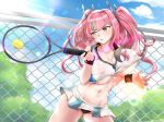  1girl :o azur_lane ball bangs bare_shoulders black_panties blue_sky blush bouncing_breasts breasts bremerton_(azur_lane) bremerton_(scorching-hot_training)_(azur_lane) chain-link_fence cleavage cloud collarbone collared_shirt commentary_request covered_nipples cowboy_shot crop_top crop_top_overhang day eyebrows_visible_through_hair fence green_skirt grey_hair groin hair_between_eyes hair_intakes hair_ornament heavy_breathing highres holding_racket kamiki008 large_breasts lens_flare light_particles light_rays long_hair looking_to_the_side midriff miniskirt multicolored_hair navel no_mole outdoors panties pantyshot pink_eyes pink_hair racket shirt sidelocks skirt sky sleeveless sleeveless_shirt solo sportswear standing streaked_hair sunbeam sunlight sweat tennis tennis_ball tennis_racket tennis_uniform tree twintails two-tone_hair two-tone_shirt two-tone_skirt underboob underwear wet wet_clothes wet_shirt white_shirt white_skirt wristband 