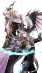  2boys abs armor bangs blue_eyes blue_hair cape chest dark_skin dark_skinned_male fate/apocrypha fate/grand_order fate_(series) fighting_stance glasses green_eyes highres horns kuroda_matsurika long_hair looking_at_viewer male_focus mini_wings multicolored_hair multiple_boys open_mouth pectorals platinum_blonde_hair revealing_clothes short_hair shoulder_armor shoulder_spikes siegfried_(fate) sigurd_(fate/grand_order) simple_background spiked_hair spikes sword weapon white_hair wings 