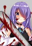  1girl blood blood_on_face bloody_clothes bloody_weapon chainsaw choker gradient_hair hair_over_one_eye highres hololive hololive_indonesia indonesian_commentary maru.selinn moona_hoshinova multicolored_hair purple_eyes purple_hair shaded_face solo twitter_username upper_body virtual_youtuber weapon 