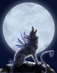  ambiguous_gender blue_body blue_feathers blue_fur blue_markings brownlupine canid canine claws digimon digimon_(species) feathers feral full_moon fur garurumon hi_res howl mammal markings moon night rock sitting solo whiskers yellow_eyes 