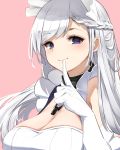  1girl azur_lane bangs bare_shoulders belfast_(azur_lane) blush braid breasts chain cleavage closed_mouth dress elbow_gloves eyebrows_visible_through_hair finger_to_mouth gloves highres index_finger_raised isobeageage large_breasts long_hair looking_at_viewer maid maid_headdress pink_background purple_eyes shushing silver_hair simple_background sleeveless sleeveless_dress smile solo swept_bangs upper_body white_dress white_gloves 