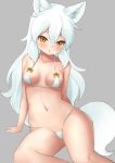  1girl :o absurdres animal_ear_fluff animal_ears arctic_fox_(kemono_friends) arm_behind_back arm_support bangs bikini blush bow breasts collarbone commentary deku_suke eyebrows_visible_through_hair feet_out_of_frame fox_ears fox_girl fox_tail grey_background groin hair_between_eyes highres kemono_friends leaning_back leaning_to_the_side long_hair looking_at_viewer micro_bikini navel orange_eyes parted_lips shiny shiny_skin simple_background sitting small_breasts solo stomach swimsuit tail white_bikini white_hair yellow_bow 