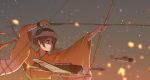  1girl a6m_zero aircraft airplane arrow b5n bow_(weapon) breasts brown_eyes brown_gloves brown_hair flight_deck from_side gloves headband highres hiryuu_(kantai_collection) holding holding_arrow holding_bow_(weapon) holding_weapon japanese_clothes kantai_collection kimono large_breasts one_side_up partly_fingerless_gloves potudamu_hisou quiver remodel_(kantai_collection) short_hair single_glove solo upper_body weapon wide_sleeves yellow_kimono yugake 
