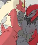  2020 anthro anthro_on_anthro avian big_breasts bird blaziken blue_eyes blush bodily_fluids breasts canid canine claws digital_media_(artwork) duo female fur genital_fluids genitals hair hi_res keroidomilk looking_pleasured male male/female mammal nintendo nipples nude one_leg_up open_mouth penetration pok&eacute;mon pok&eacute;mon_(species) raised_leg red_body sex simple_background video_games yellow_sclera zoroark 