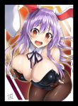  1girl absurdres animal_ears bare_shoulders between_breasts black_border black_leotard blush border breast_grab breasts brown_gloves brown_legwear bunny_ears bunnysuit cleavage detached_collar gloves grabbing highres large_breasts leotard long_hair looking_at_viewer open_mouth pantyhose purple_hair red_eyes reisen_udongein_inaba solo tirotata touhou wrist_cuffs 
