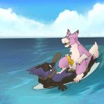  1:1 anal anal_penetration digimon digimon_(species) dipstick_tail dorumon duo greninja hi_res male male/male male_penetrated male_penetrating male_penetrating_male multicolored_tail nintendo o-ishi penetration pok&eacute;mon pok&eacute;mon_(species) sky surfboard vehicle video_games water watercraft x-digimon yama_the_dorumon 