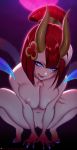  1girl absurdres bangs blood_moon_evelynn blue_eyes blush breasts chest_tattoo collarbone evelynn gradient gradient_background hair_ornament highres horns large_breasts league_of_legends licking_lips looking_at_viewer mask mask_on_head navel nipples nude open_mouth paid_reward patreon_reward pussy red_hair short_hair smile solo squatting tail tattoo thighs tofuubear tongue tongue_out 