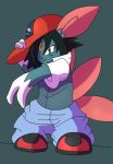  anthro ash_ketchum black_hair black_nose blue_body bottomwear clothing feathers footwear grey_background hair male markings nintendo pants pok&eacute;mon pok&eacute;mon_(species) red_eyes red_feather rex_equinox shirt shoes simple_background sneasel solo tail_feathers topwear video_games white_markings 