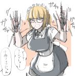  1girl blonde_hair check_commentary commentary_request cyborg doyagao glasses grin highres kanikama25 knife maid maid_headdress mechanical_arm mechanical_parts orange_eyes original simple_background smile solo swiss_army_knife translated 