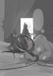  1boy 2girls ahoge animal_ear_fluff animal_ears bed bedroom blush breasts canopy_bed cat_ears cat_girl cushion from_behind greyscale heavy_breathing highres implied_yuri kyaru_(princess_connect) looking_to_the_side lying monochrome multicolored_hair multiple_girls naked_sheet on_side open_door open_mouth pecorine princess_connect! princess_connect!_re:dive restrained small_breasts spot_color tittu translation_request yuri 