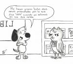  anthro avian bird book canid canine canis comic diogenes domestic_dog duo el_se&ntilde;or_erizo feathered_wings feathers female flirting hi_res humor library male male/female mammal monochrome owl palas ribbons signature spanish_text text wings 