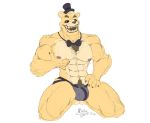  5_fingers abs anthro biceps black_sclera bow_tie bulge claws clothed clothing fingers five_nights_at_freddy&#039;s fredbear_(fnaf) fur grey_clothing grey_underwear hat headgear headwear hi_res inkart_flow jockstrap kneeling looking_at_viewer male mammal muscular muscular_male nipples open_mouth pecs pubes sharp_teeth simple_background solo teeth top_hat topless underwear ursid video_games white_background yellow_body yellow_fur 