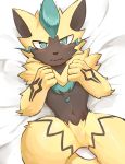  ambiguous_gender anthro bed black_body blue_eyes blue_hair blush chung0_0 fur furniture hair hi_res legendary_pok&eacute;mon looking_at_viewer lying markings navel nintendo on_back on_bed pok&eacute;mon pok&eacute;mon_(species) solo video_games yellow_body yellow_fur zeraora 