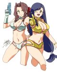  2girls aerith_gainsborough blue_hair braid breasts brown_hair cleavage cosplay dirty_pair final_fantasy final_fantasy_vii final_fantasy_vii_remake finger_gun green_eyes hair_ribbon large_breasts long_hair midriff mizuryuu_kei multiple_girls navel ponytail red_eyes ribbon simple_background smile stomach tagme tifa_lockhart white_background 