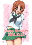  1girl :d arms_behind_back bangs black_neckwear blouse brown_eyes brown_hair commentary_request cowboy_shot dated english_text eyebrows_visible_through_hair girls_und_panzer green_skirt happy_birthday heart leaning_to_the_side long_sleeves looking_at_viewer miniskirt neckerchief nishizumi_miho ooarai_school_uniform open_mouth partial_commentary pink_background pleated_skirt school_uniform serafuku short_hair skirt smile solo sparkle standing t_k white_blouse 