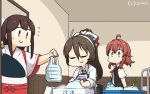  3girls ahoge akagi_(kantai_collection) apron arashi_(kantai_collection) ashigara_(kantai_collection) bangs blouse bow brown_eyes brown_hair closed_eyes collared_shirt commentary_request dated flying_sweatdrops food gloves hair_bow hairband hakama hakama_skirt hamu_koutarou highres indoors japanese_clothes kantai_collection leaning_forward long_hair long_sleeves looking_at_another messy_hair multicolored_bow multiple_girls muneate onion plump ponytail purple_apron red_hair red_skirt shirt short_sleeves signature skirt sleeves_rolled_up smile standing straight_hair vest wavy_hair white_gloves white_hairband white_shirt wide_sleeves yellow_eyes 
