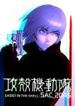  absurdres bangs copyright_name eyebrows_visible_through_hair ghost_in_the_shell ghost_in_the_shell:_sac_2045 gun high_collar highres holding holding_gun holding_weapon ilya_kuvshinov kusanagi_motoko lips looking_to_the_side purple_eyes purple_hair short_hair weapon white_background 