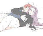  ! 1boy 1girl blush bottomless breast_grab emiya_shirou fate/stay_night fate_(series) glasses grabbing heart long_hair lying mo_(kireinamo) navel on_side rider surprised sweat 