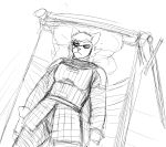  1_eye annoyed anthro armor bed black_and_white bottomwear cat_knight clothed clothing domestic_cat felid feline felis female furniture hair hi_res hladilnik mammal melee_weapon monochrome pillow scar simple_background solo sword topwear weapon 