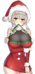  1girl artist_name bare_shoulders breasts cleavage dungeon_and_fighter eyebrows_visible_through_hair green_ribbon grey_hair hat highres large_breasts long_sleeves looking_at_viewer mouth_hold poho red_headwear ribbon ribbon_in_mouth santa_costume santa_hat short_hair sidelocks 