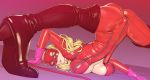  1girl ass blonde_hair blue_eyes bodysuit boots breast_grab breasts cat_mask catsuit full-length_zipper gloves grabbing high_heel_boots high_heels highres large_breasts long_hair masked nikita_varb one_eye_closed parted_lips partially_unzipped persona persona_5 pink_background pink_gloves red_bodysuit red_footwear revision solo spread_legs takamaki_anne thighs top-down_bottom-up twintails zipper 