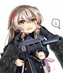  1girl alternate_costume anger_vein ascot bag black_dress black_gloves brz cheek_pinching dress fingerless_gloves girls_frontline gloves gun h&amp;k_ump45 hair_between_eyes highres holding holding_gun holding_weapon long_hair long_sleeves open_mouth pinching pov pov_hands scar scar_across_eye simple_background solo_focus spoken_sweatdrop sweatdrop two-tone_dress ump45_(girls_frontline) weapon white_background white_dress yellow_eyes younger 