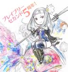  1girl anniversary black_gloves boots bravely_default_(series) bravely_second:_end_layer character_doll dress fish flower glaive gloves hair_flower hair_ornament high_heel_boots high_heels ikusy long_sleeves magnolia_arch multicolored multicolored_clothes multicolored_dress multicolored_legwear official_art polearm purple_dress red_eyes short_dress sitting smile square_enix thick_thighs thighhighs thighs weapon white_hair 